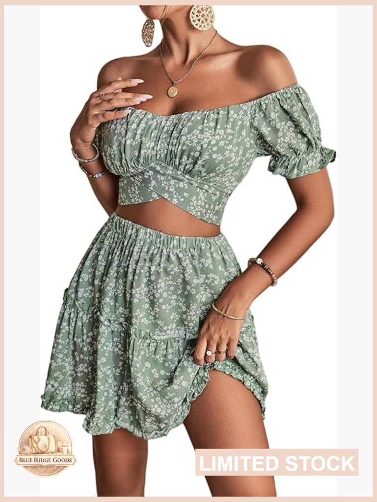 Floral Off Shoulder Crop Top And Tiered Mini Skirt Set Boho Chic Summer